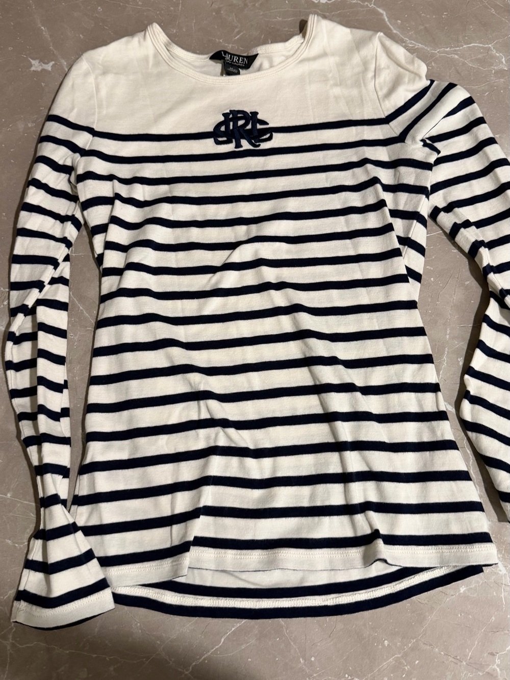 Ralph Lauren White & Navy Striped Boatneck Long Sleeve Top